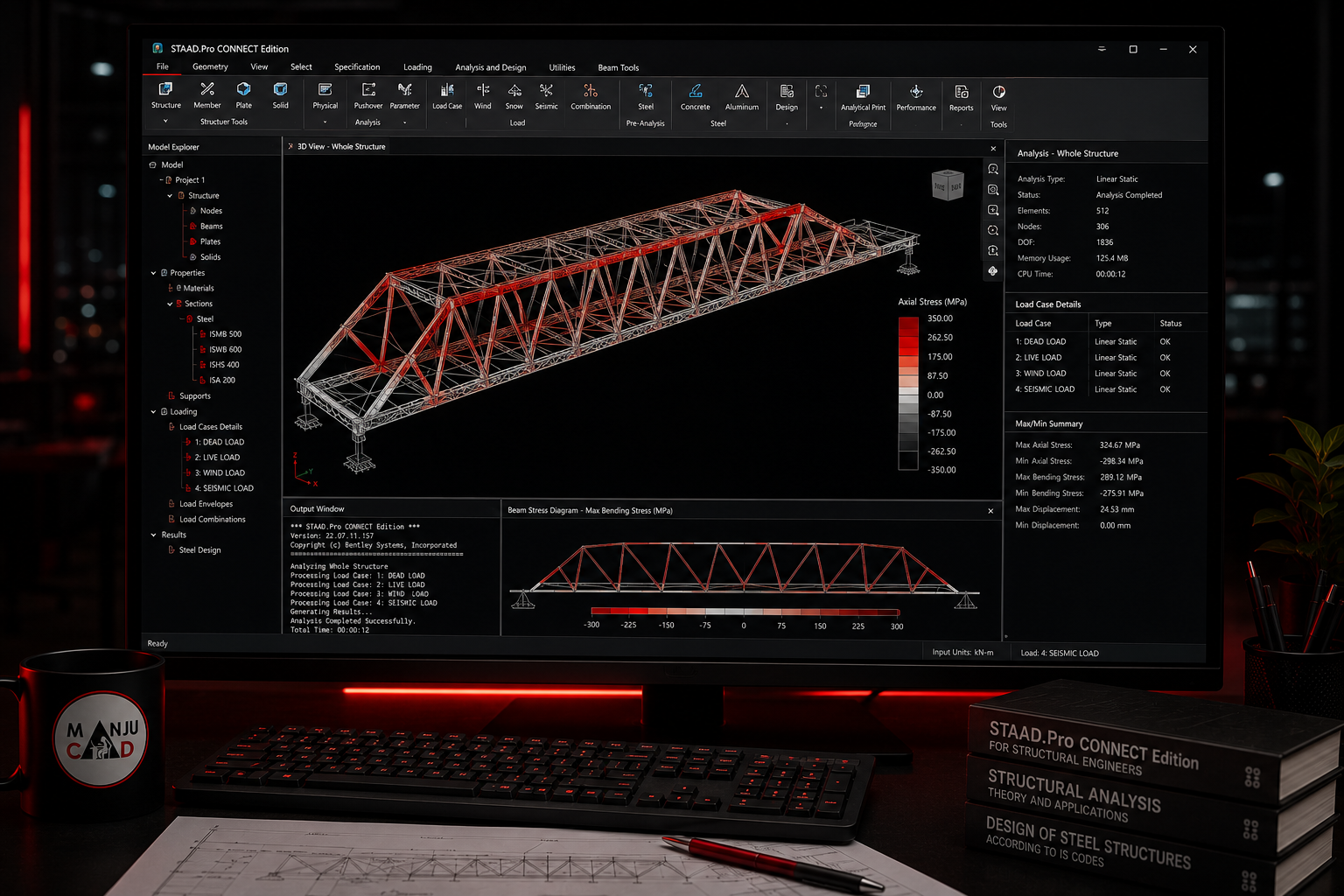 Structural engineer reviewing a 3D steel frame analysis model